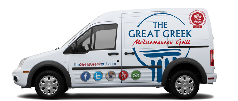 a van with ad stickers for The Great Greek Mediterranean Grill