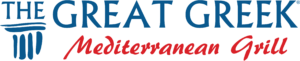 Logo of "The Great Greek Mediterranean Grill" with the text in blue and red, featuring a stylized Greek column. This emblem represents a quality Greek food franchise.