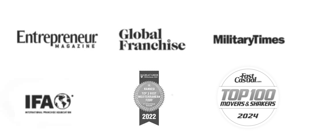 Logos of Entrepreneur Magazine, Global Franchise, Military Times, International Franchise Association, a 2022 culinary award badge, and Fast Casual's Top 100 Movers & Shakers 2024 badge.