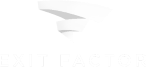 Logo featuring the words "EXIT FACTOR" below a stylized white arrow design on a dark background.