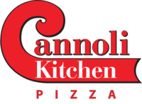 Logo with "Cannoli Kitchen Pizza" in bold red and white letters on a black background.