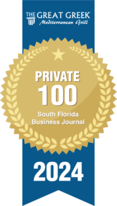 Award badge reading "Private 100 South Florida Business Journal 2024" from The Great Greek Mediterranean Grill.