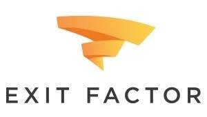 A geometric orange design above the text "Exit Factor" in bold, capital letters.