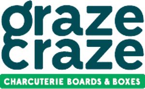 Logo with teal text "graze craze" and "charcuterie boards & boxes" in white on a green background.