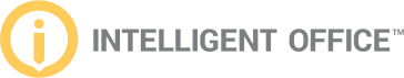 Logo of Intelligent Office showing a lowercase 'i' in a yellow circle next to the text "INTELLIGENT OFFICE" in gray uppercase letters.