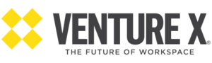 Logo of Venture X with a yellow geometric design and the text "VENTURE X" above "THE FUTURE OF WORKSPACE.