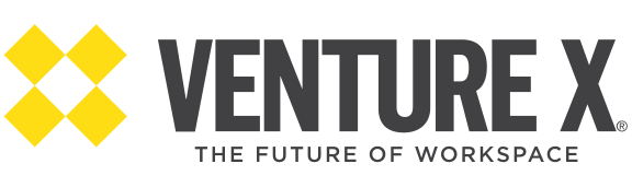 Logo of Venture X with a yellow geometric design and the text "VENTURE X" above "THE FUTURE OF WORKSPACE.