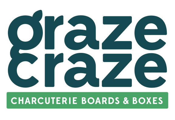 Logo with teal text "graze craze" and "charcuterie boards & boxes" in white on a green background.