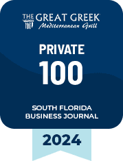 Award badge reading "Private 100 South Florida Business Journal 2024" from The Great Greek Mediterranean Grill.