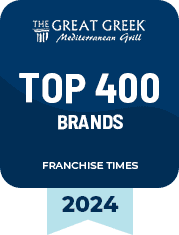 Award badge reads: "The Great Greek Mediterranean Grill, Top 400 Brands, Franchise Times, 2024," with a gold laurel design.